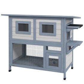 2 Tier Wooden Cat House with Multiple Access Points and Weatherproof Shelter, Cat Shelter, Light Gray