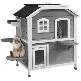 Wooden 2-Story Outdoor Cat House, Feral Cat Shelter Kitten Condo with Escape Door, Openable Asphalt Roof and 4 Platforms, Grey