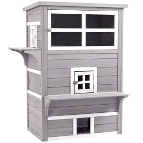 3-Tier Feral Cat House Outdoor Kitten Condo with Raised Floor Asphalt Roof Escape Door Jumping Platform Gray