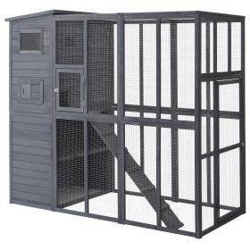 Outdoor Cat House Catio Enclosure with Platforms Run Lockable Doors Asphalt Roof 77 x 37 x 69 Grey