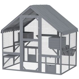 Wooden Catio Outdoor Cat Enclosure with Waterproof Cover, 2 Condos, 4 Platforms, Bridge, Doors, for Multiple Cats, Gray