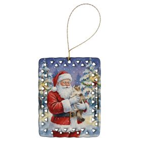 Cymric Cat with Santa Claus Porcelain Ornament Christmas Tree Hanging Decorations for Home Christmas Holiday, Rectangle, Gift, Multicolor