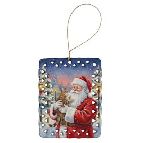 Ticked Tabby Brown Cat with Santa Claus Porcelain Ornament Christmas Tree Hanging Decorations for Home Christmas Holiday, Rectangle, Gift, Multic