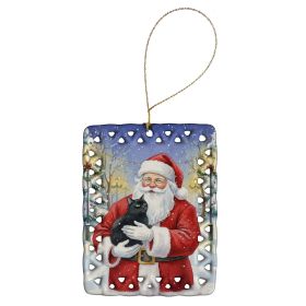 Black Cat with Santa Claus Porcelain Ornament Christmas Tree Hanging Decorations for Home Christmas Holiday, Rectangle, Gift, Multicolor