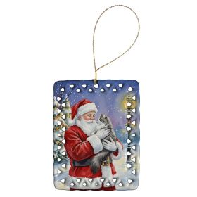Norwegian Forest Cat Gray and White with Santa Claus Porcelain Ornament Christmas Tree Hanging Decorations for Home Christmas Holiday, Rectangle,