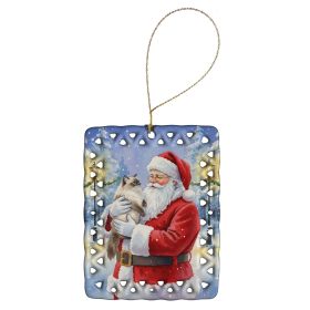 Himalayan Cat with Santa Claus Porcelain Ornament Christmas Tree Hanging Decorations for Home Christmas Holiday, Rectangle, Gift, Multicolor