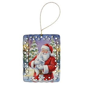 White Cat with Santa Claus Porcelain Ornament Christmas Tree Hanging Decorations for Home Christmas Holiday, Rectangle, Gift, Multicolor