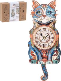 3D Wooden Puzzles for Adults, Detective Cat Clock with Pendulum Model Kit, 3D Puzzles for Adults Room Home Decor DIY Wall Clock Kit