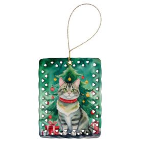 Raas Cat By the Christmas Tree Porcelain Ornament Christmas Tree Hanging Decorations for Home Christmas Holiday, Rectangle, Gift, Multicolor