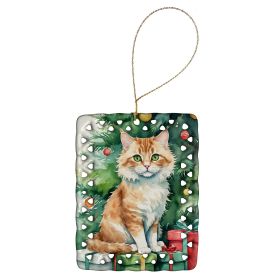 Skookum Cat By the Christmas Tree Porcelain Ornament Christmas Tree Hanging Decorations for Home Christmas Holiday, Rectangle, Gift, Multicolor