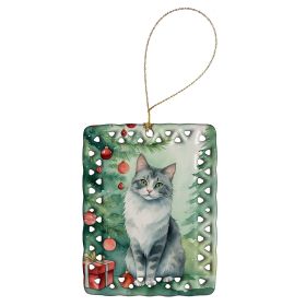 Australian Mist Cat By the Christmas Tree Porcelain Ornament Christmas Tree Hanging Decorations for Home Christmas Holiday, Rectangle, Gift