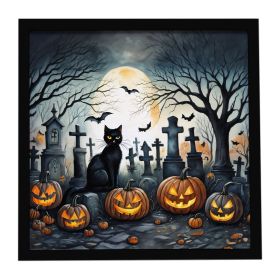 Black Cat Spooky Halloween Framed Metal Print Bathroom, Kitchen, Office, Home Decor Wall Art Ready to Hang, Square, 8X8