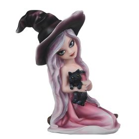 6"H Pink Witch Girl with Black Cat Figurine Home Decor Gift
