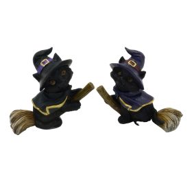 4.25"W 2-PC Cat Fly on Broom Figurine Set Home Decor Gift