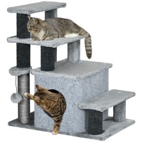 Cat Stairs Pet Steps for Couch Bed with Scratching Posts Condo Ball Toy, 23.6" x 15.7" x 26", Grey