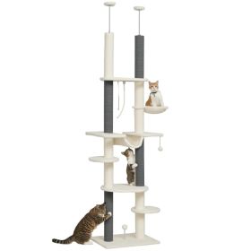 PawHut Floor To Ceiling Cat Tree With Scratching Posts, Hammock, Perches & Toy Balls, White (Option: White Gray)
