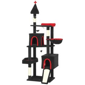 78" Gothic Cat Tree, Cat Tower with Coffin Bed, 2 Spacious Condos, Sisal Scratching Posts, Bat Hanging Balls, Halloween (Option: Black-510x280x630 mm)
