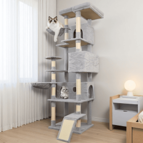 84.6 In Light Gray Cat Tree Tower With Wide Base, 3 Large Hinding Condo, 11 Sisal Scratching Post, Sisal Scratching Ladder, 2 Hammocks, Large Top (Option: Light gray)