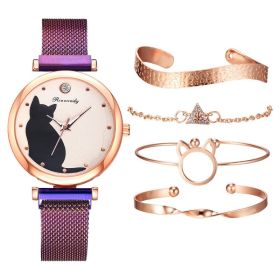 Women Fashion Watches Quartz Wristwatch Purple Mesh Belt Cat Dial Luxury Women Watch Casual Ladies Clock With Bracelet Set (Color: Purple)