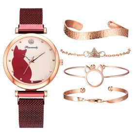Women Fashion Watches Set 5Pcs Quartz Wristwatch Mesh Belt Cat Dial Luxury Women Watch Casual Ladies Clock With Bracelet Set (Color: Red)