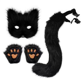 Faux Fur Fox Tail Cat Wolf Cosplay Costume Set Plush Mask Fluffy Paw Gloves Halloween Christmas (Color: Black)