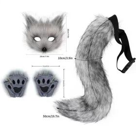 Faux Fur Fox Tail Cat Wolf Cosplay Costume Set Plush Mask Fluffy Paw Gloves Halloween Christmas (Color: Dark Gray)