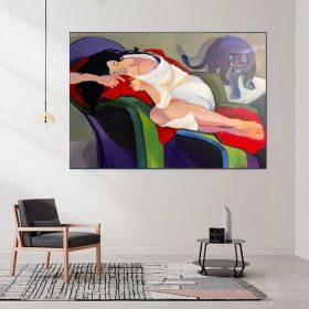 Large Abstract Woman and Cat Canvas Art Hand-painted Figure Oil Painting on Canvas Modern Minimalist Wall Art for Living Room Home Décor (Style: 01, size: 70x100cm)